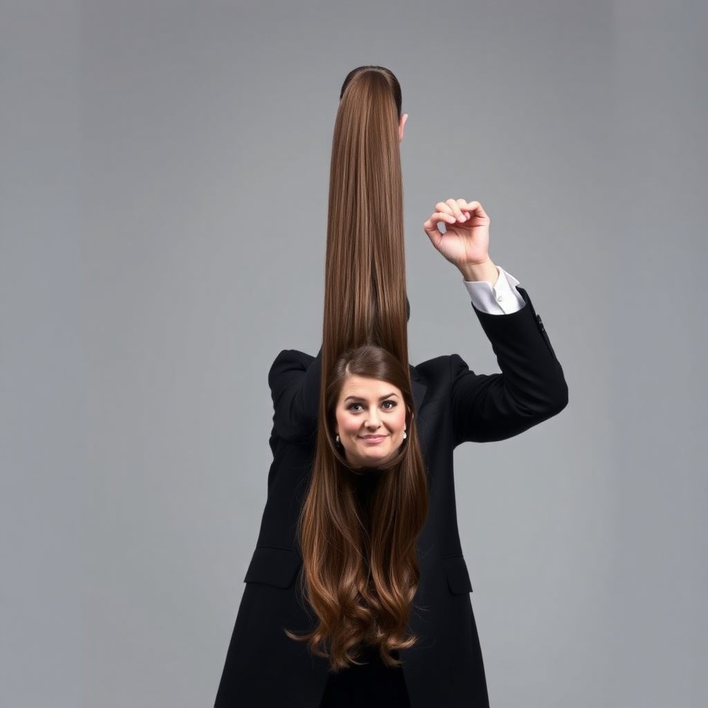 A surreal image of a magician holding up the disembodied head of a very long haired Kate Middleton. He is grabbing her very long hair and pulling it up high in the air, while her head is hanging by her hair from his grasp to display it to the camera. Plain gray background.