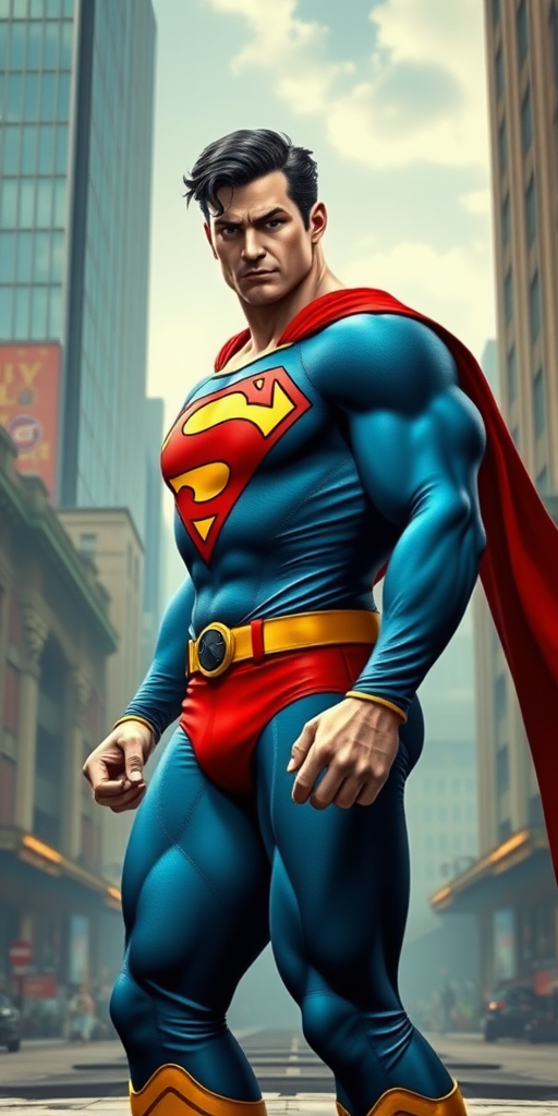 Create a full-length image of Superman, unexpectedly transformed into Cammy White from the Street Fighter universe due to a multiverse shift. Depict him in a moment of bewilderment, struggling to adjust to his new body and the loss of upper body strength. Show him trying to steady himself, dealing with the unfamiliar feelings and lower center of gravity. He should still have his traditional Superman colors (blue, red, and yellow) incorporated into Cammy's attire. His facial expression should convey confusion and determination. The background can be a blend of Metropolis and Street Fighter's urban settings to reflect the multiverse merge.