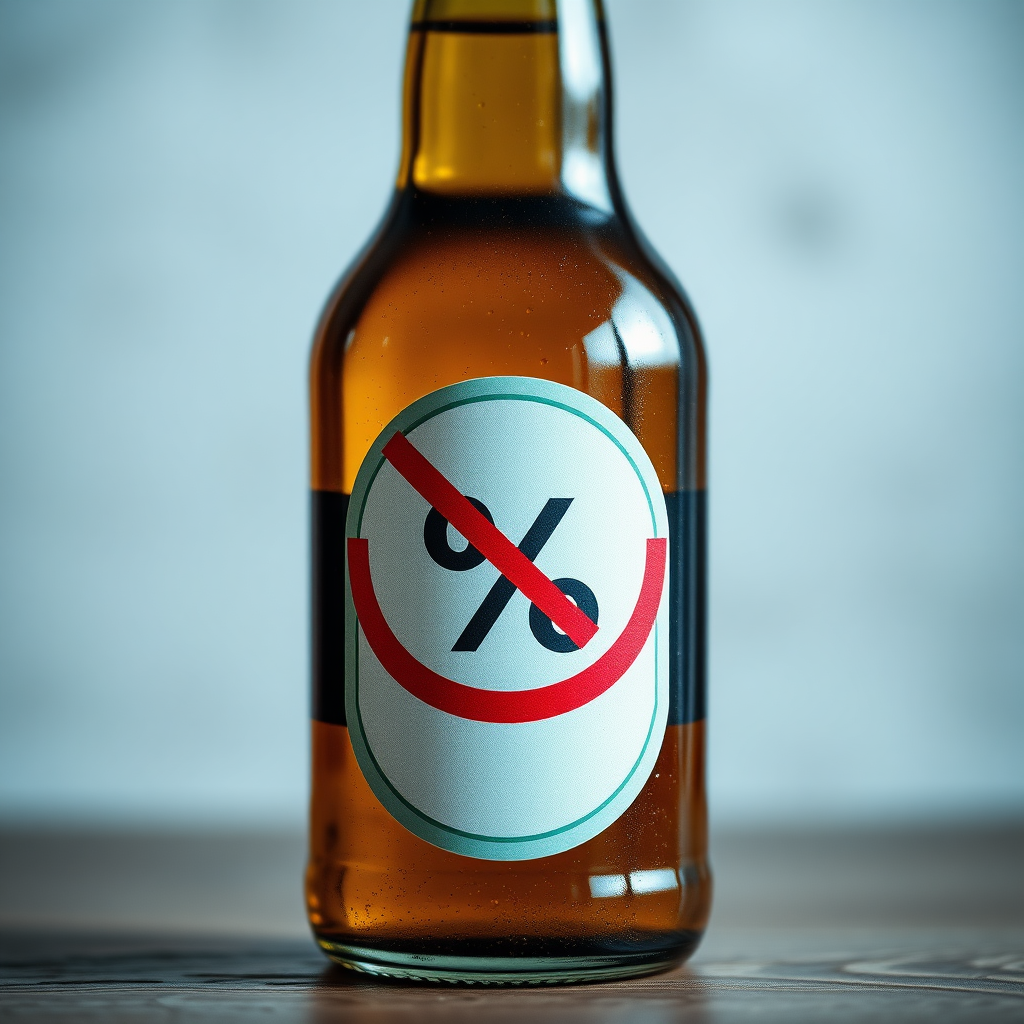 A photo of a beer bottle with a label with percent symbol crossed in a red circle, photorealistic