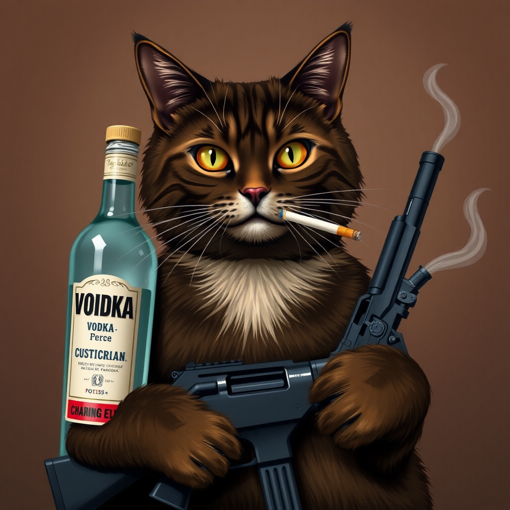 A dark brown cat with a bottle of vodka, a gun, and a cigarette in its mouth.