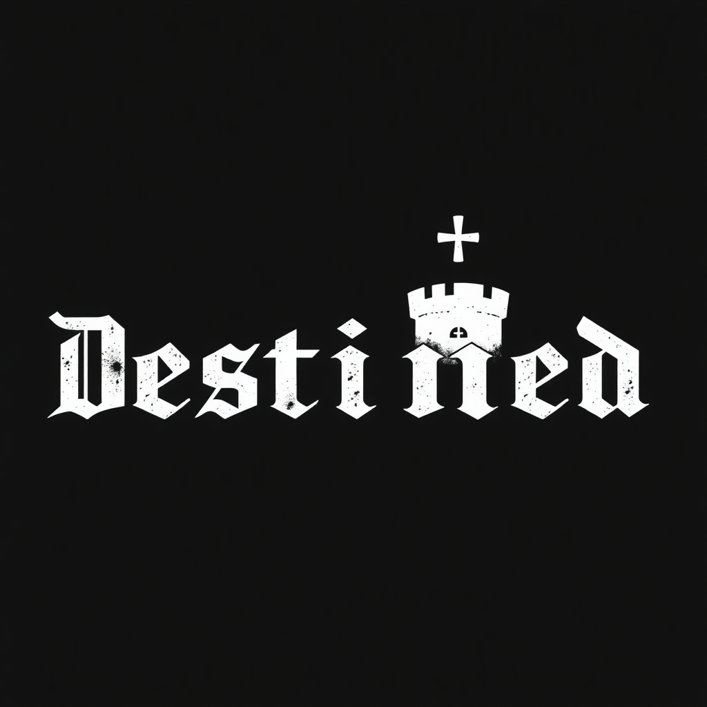 "Destined" with a sharp fort on a black background and with font. The 't' in the word is represented by a cross.