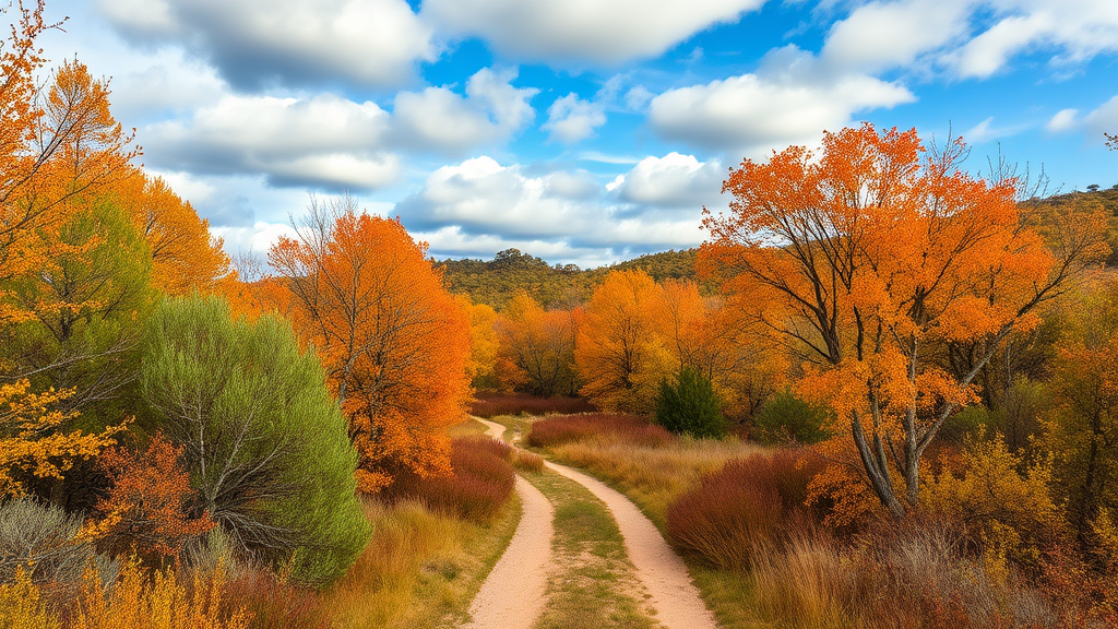 Autumn Forest with Mediterranean vegetation with a path, sky with clouds