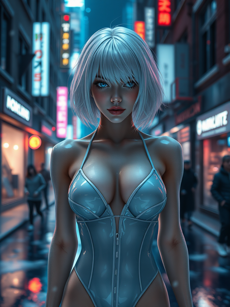 FEMALE NEXON GAMES, inside a scenery game city Altered Carbon, white gelatins floating, white hair, blue eyes neon, mouth closed with a sarcastic expression of irony, ice street in city, using grey gelatin swimsuit translucent metallic grey skin, front posing, full body view, Image 9:16 Resolution HD High Quality, cinematic corrected lighting, hyper-realistic saturation in layer fusion with 8K cinematic HDR traces in Real Tracing perspectives, realism vision colors Impact of Realism in the reflections of the environment inspired by wet