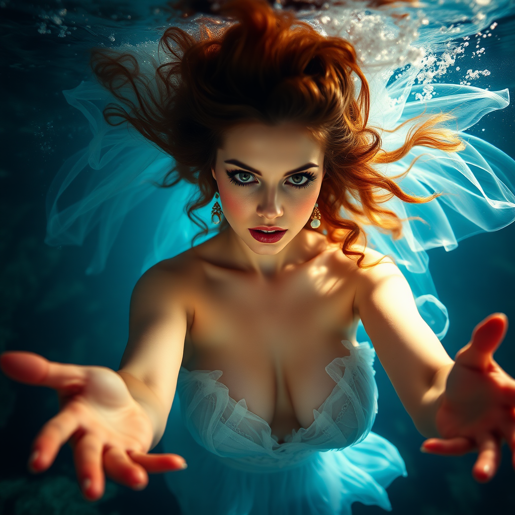 Succubus as a mermaid underwater hair floating in a nimbus around her beautiful face her arms outstretched towards the viewer and she's looking down into the viewer's eyes making intense eye contact. loose fitting diaphanous. Real DSLR HD Photography. Burlesque