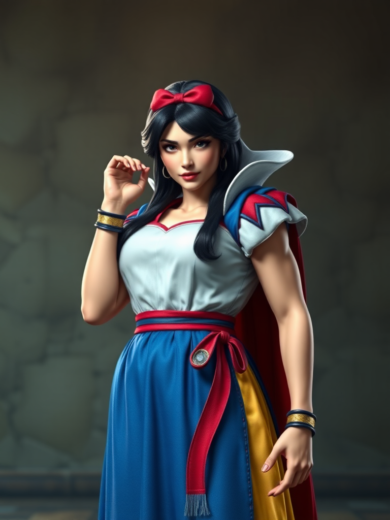 Generate a full-length hyper-realistic render of Snow White featuring the body type of Ryu from Street Fighter. Retain Snow White's head and facial features while transforming her body structure and silhouette to reflect Ryu's muscular male physique. Modify Snow White's traditional costume to fit Ryu’s body type appropriately, ensuring it maintains her fairy tale essence. Create a background that seamlessly blends elements from both characters, providing an appropriate setting that complements their unique features and styles. The overall image should emphasize realism and detail in both character design and the environment.