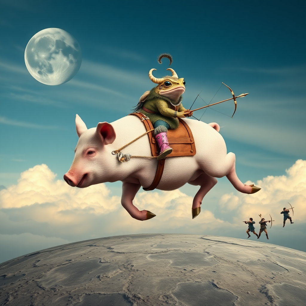 photorealistic pig with a wooden saddle galloping in the cloudy sky above the moon surface, the pig is mounted by a toad, the toad has spiral mouflon horns and wears a crown made of peacock feathers, the toad looks angrily and shows canine teeth, the pig smiles stupidly, the toad wears pink riding boots with spurs that pierce the pig's skin, the pig has eagle talents, in the distance there are small humans with bows and arrows aiming at the pig, the humans wear modern fashionable clothes