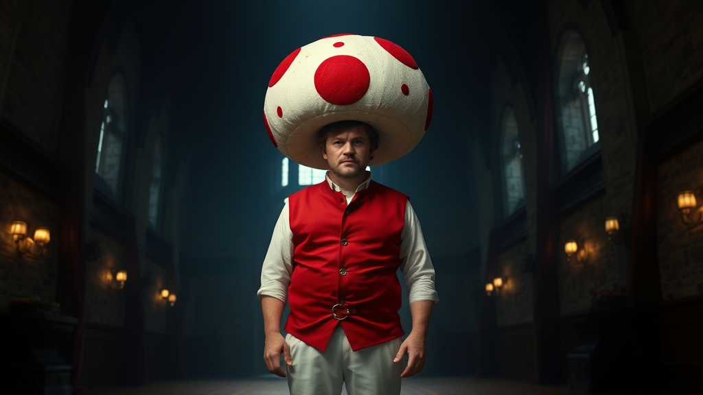 Interior. Dimly lit castle. Peter Dinklage with white pants, red vest, and large mushroom-shaped hat that is white with large red spots.