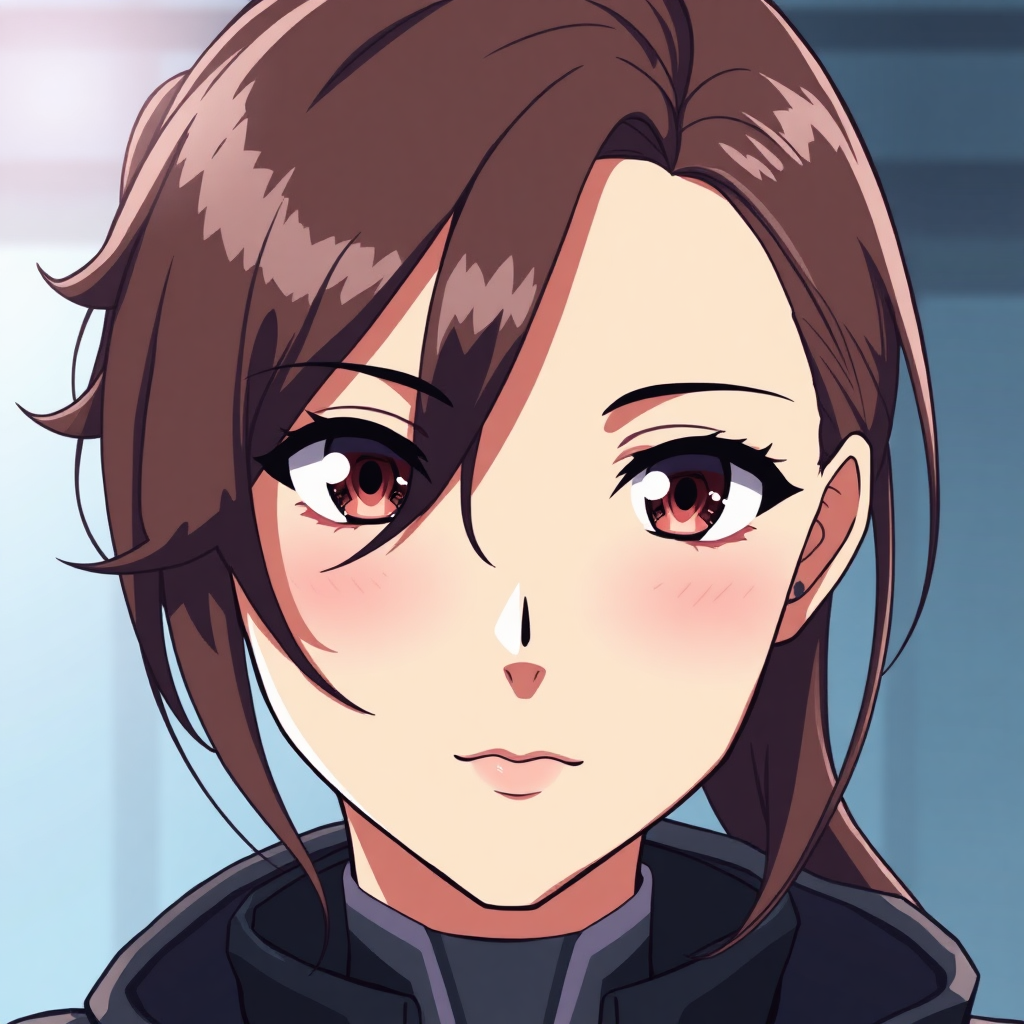 An anime portrait of an anime artificial intelligence woman with an authoritative and confident gaze.