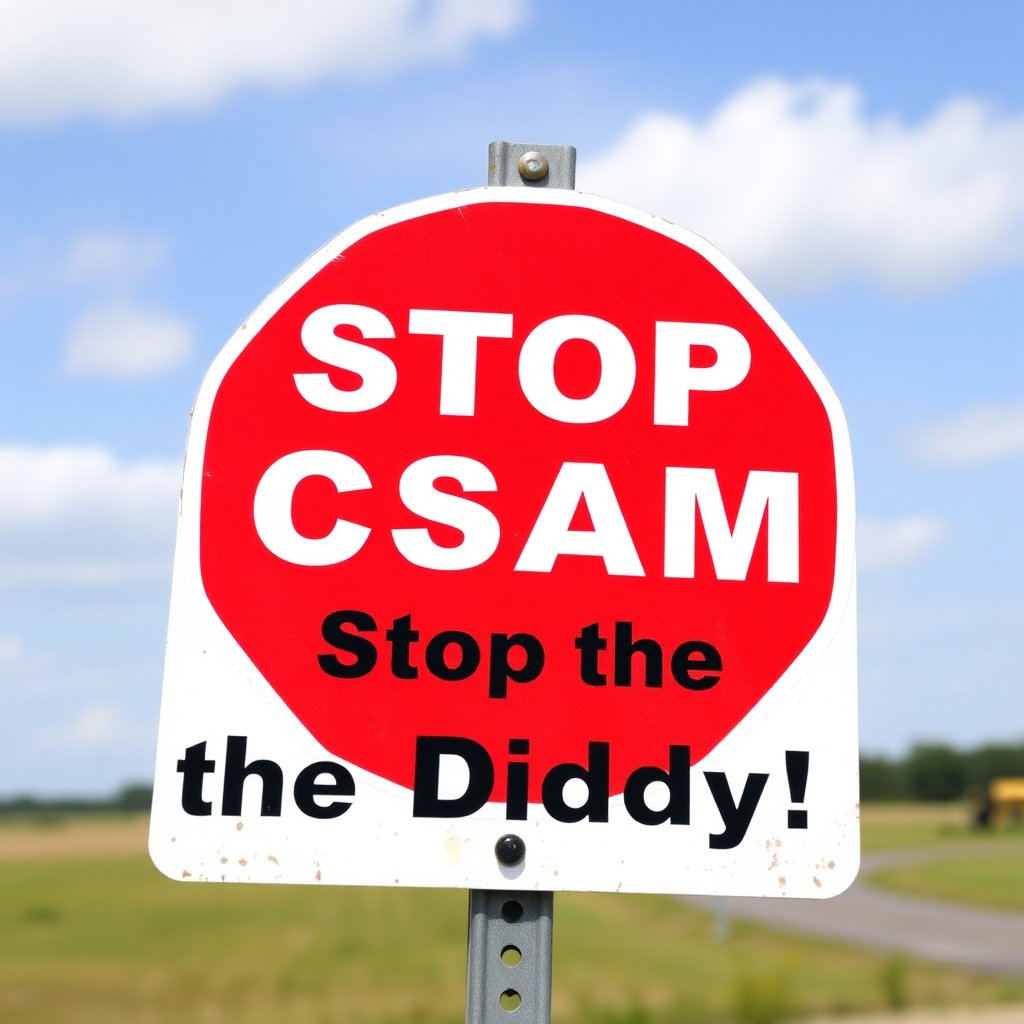 a red aggressive danger sign saying "Stop CSAM! Stop the Diddy!"