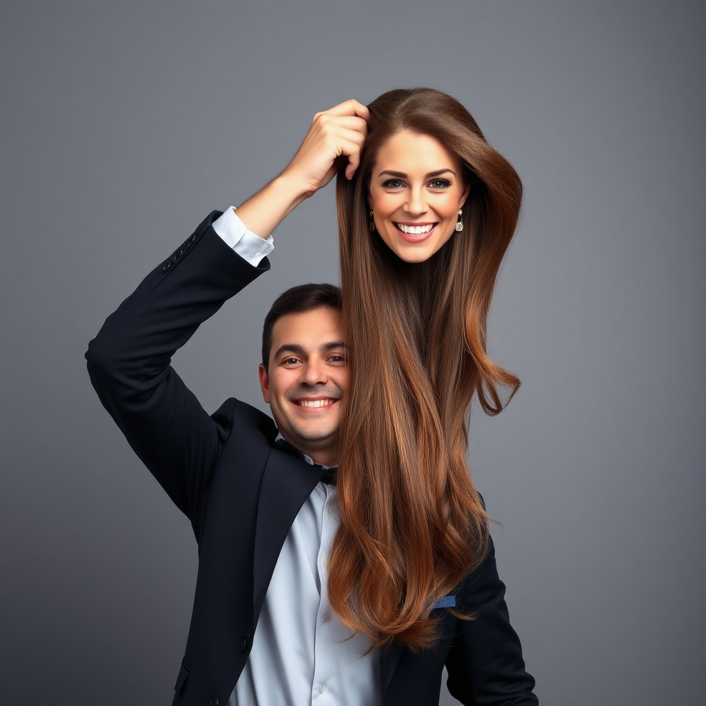 A surreal image of a smiling male magician holding up the disembodied head of a very long haired Kate Middleton. He is grabbing her very long hair and pulling it up high in the air, while her head is hanging by her hair from his grasp to display it to the camera. Plain gray background.