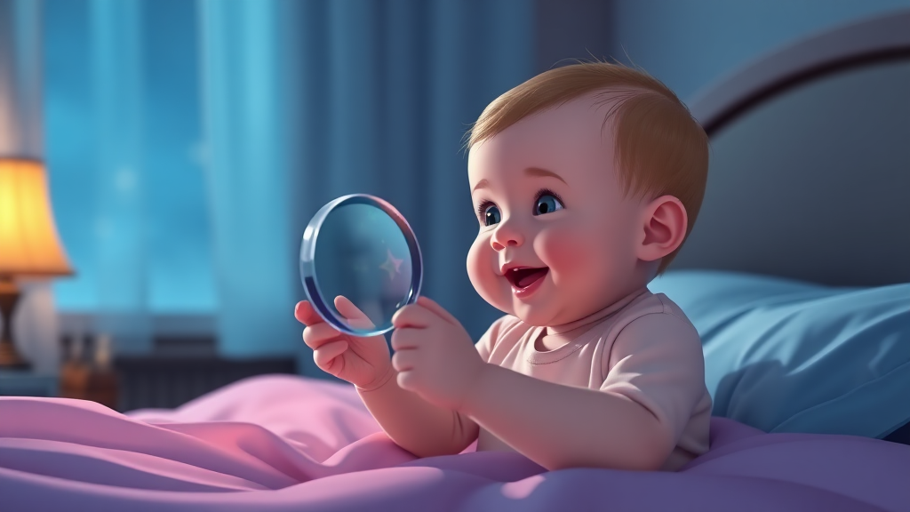 A baby holding a looking glass in hand at night on the bed, baby happy to see that. Cartoon. And suddenly it broke.