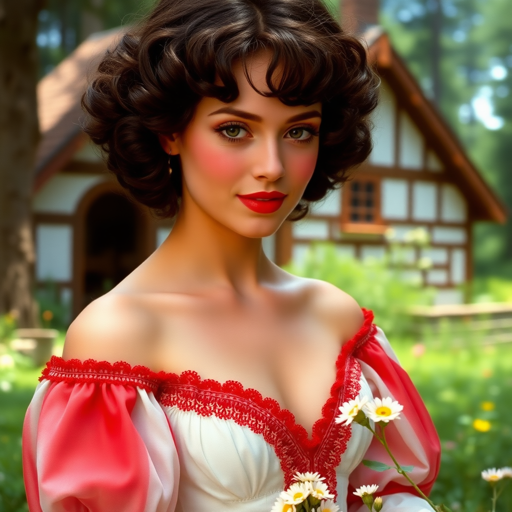 a 1980s film still of a 18 year old beautiful alluring sweet feminine prince with short wavy curled dark chestnut hair, coral lipstick and red blush. Wearing a white and red off shoulder peasant gown with v u shaped neckline and large puff sleeves and a corset. Picking flowers near a cottage in a forest.