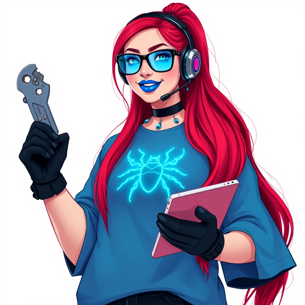 An intelligent and tech-savvy 29-year-old computer hacker and tech genius. She has a long ruby red ponytail. She wears maximum blue lipstick, blue eyes, a sapphire beetle gemstone necklace, sapphire earrings, black eyeglasses, hi-tech power gloves, and an oversized maximum blue t-shirt featuring a neon blue glowing beetle chest icon. She has a gargantuan, full-figured physique with round midsection, reflecting her well-cared-for lifestyle. She sports a sapphire headset with a hi-tech maximum turquoise lensed HUD, and a beaming smile accentuated by a passionate neon red blush. She serves as his tech expert from his hideout, holding a futuristic tool wrench and a futuristic digital tablet. The background is solid white. She is drawn as if she was in a retro 2D cyberpunk fighting game.