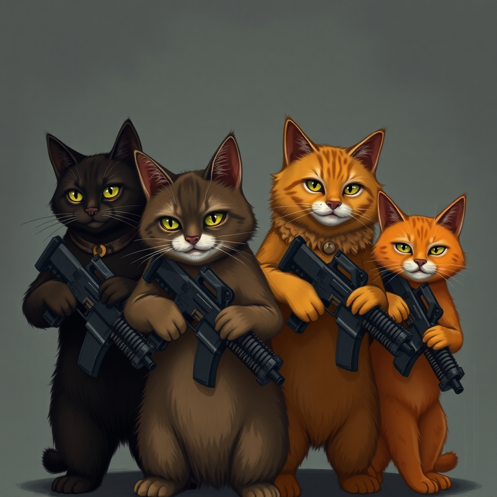 1 dark brown cat, 1 black cat, 1 brown cat, and 1 orange cat who are in an armed gang.