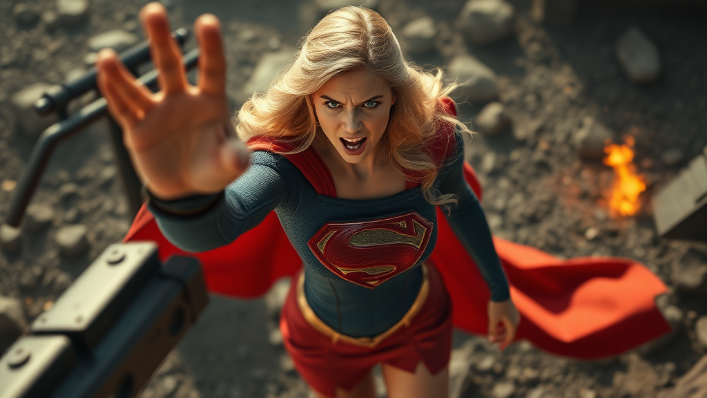 a snapshot from above supergirl angry against enemy in front of her