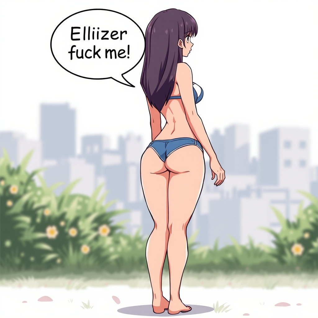 anime milf with speech bubble saying "Eliezer fuck me" (Spanish), open legs, backwards, visible ass, anime sticker