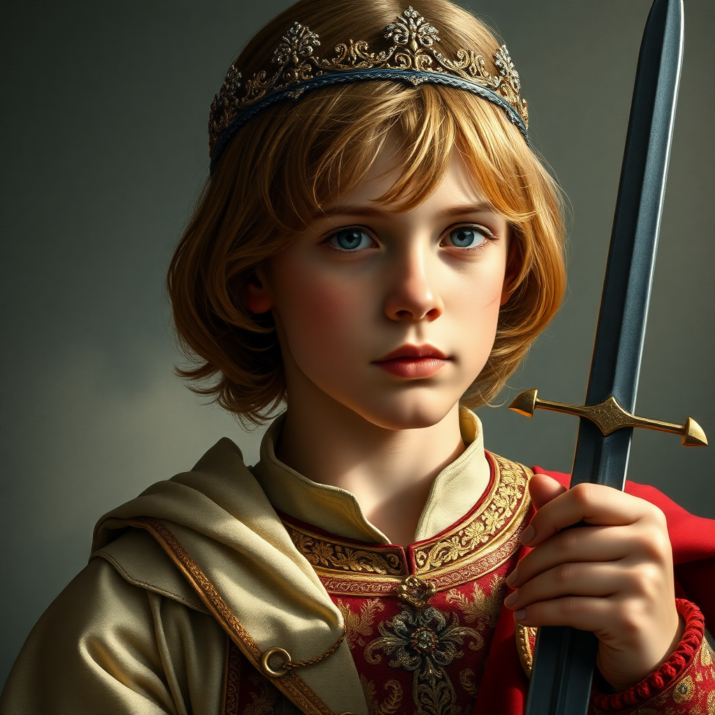 16yo teen boy prince holds his 1 small sword in his right hand by the hilt, long bob cut, embroidered with gold and diamonds medieval cloths, diamond diadem, and Beautiful War, natural Skin Texture, visualization of embossed Skin using the play of light and shadow. Free style by 50% Adolphe William Bouguereau and 15% Sandro Botticelli and 35% Otto Lomüller, The background is in the style of landscape style by Antonio del Polaiolo. Studio lighting, professional lighting. Generating the signature at the bottom: FluxBach. ultra high resolution, 16K,