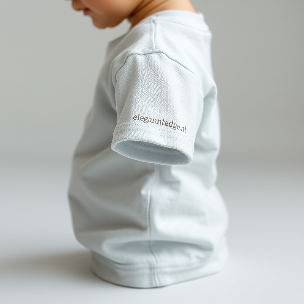 Baby T-Shirt: Model a tiny t-shirt with a relaxed, comfortable fit, highlighting soft, breathable fabric. The Elegantedge.nl name should be subtly embossed on the sleeve or collar, reflecting the brand’s minimalist and premium style. Keep the design simple with soft, calming tones suitable for babies and toddlers.