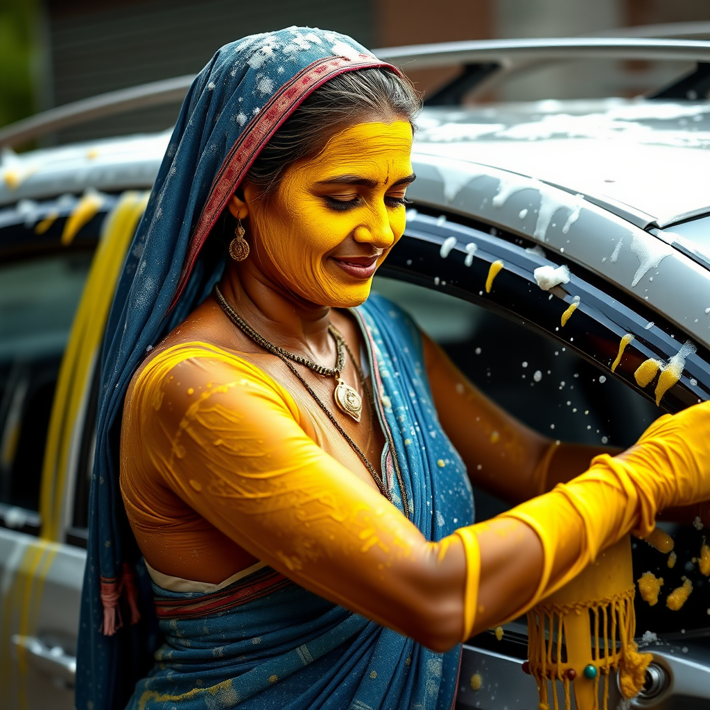 slim, curvy, traditional 30 year old indian maid with hair covering, her face is covered with turmeric mask and body is covered with soap lather. she is washing a car