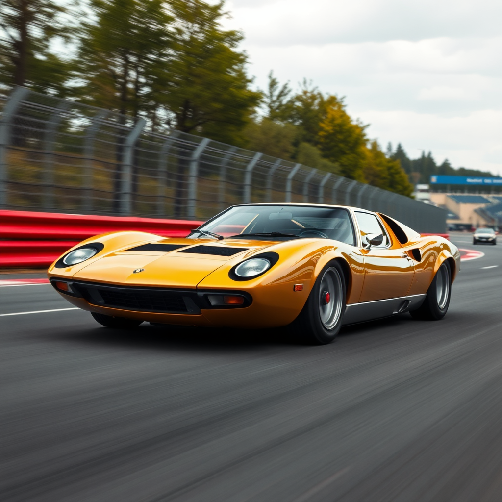 Lamborghini Miura in golden colour, driving on Monza circuit