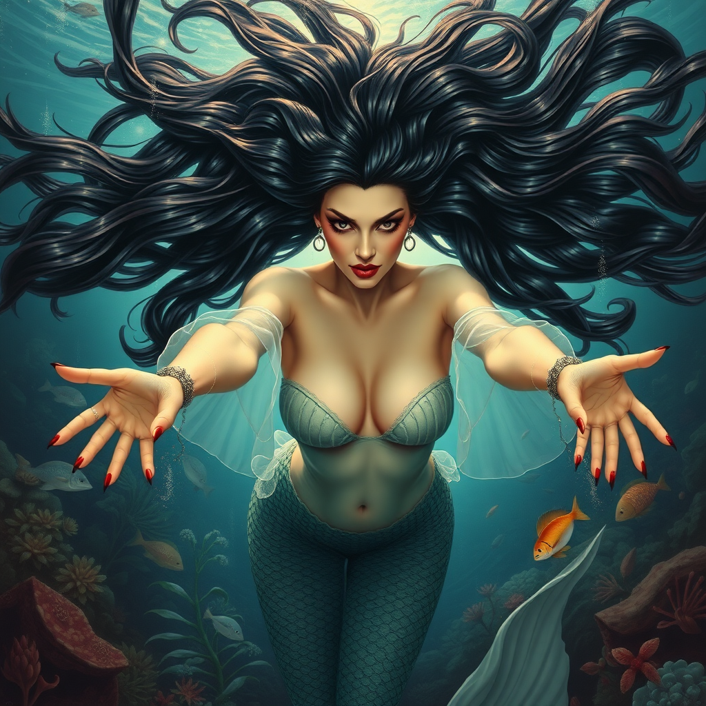 Vampirella as a mermaid underwater, amazing loose flowing hair floating in a nimbus around her beautiful face, her arms outstretched towards the viewer and she's looking down into the viewer's eyes, making intense eye contact. Loose fitting diaphanous. Burlesque. Stunning undersea life details, plants and fish and other creatures of the sea. Powerful three-dimensional graphic effects. Oil painting.