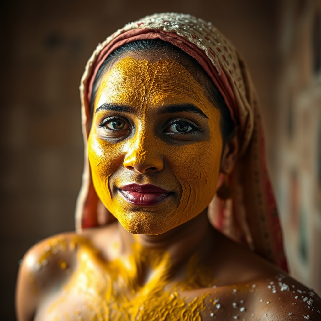 slim, curvy, 30 year old indian maid, her face is covered with turmeric mask and body is covered with soap lather. Her head is covered with a male underwear