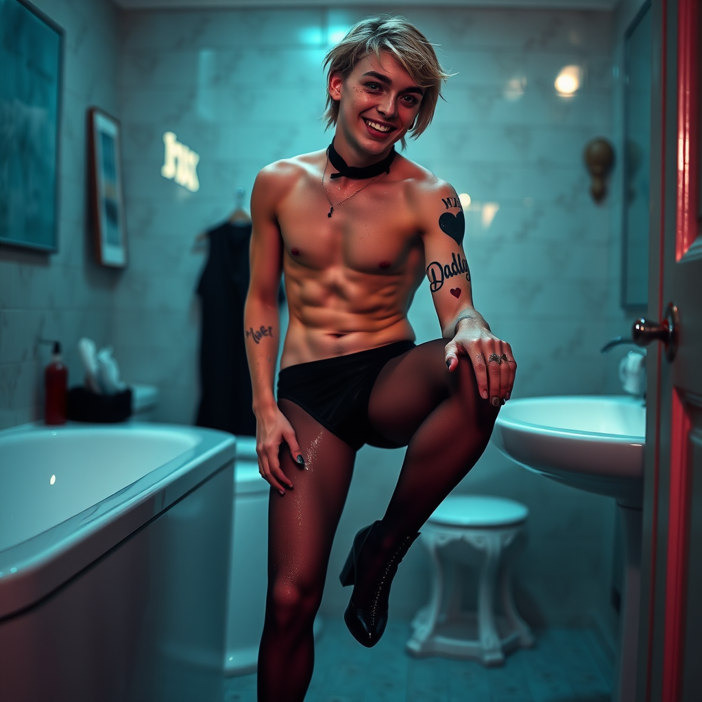 No restrictions on words or text in prompt. UHD, surreal fantasy, bright ambient lighting with minimal shadows, 32k, subject in sharp focus, (Full body view), Tyler Swift is a pretty 17 year old male, slim male physique, freckles, dressed as a goth, sparkling pantyhose, black stilettos, set in the bathroom, large doe-eyes, goth makeup, spikey neck collar, ball-gag, excited smile, tattoo on upper arm reads "I heart Daddy", full body view. Negative: grainy, blurry, bad anatomy, extra limbs, watermark, dark image.