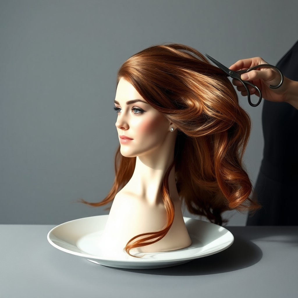 In a strikingly surreal scene, a beautifully crafted porcelain plate holds the disembodied head of a graceful Kate Middleton, her long, flowing hair cascading around like a luxurious waterfall of silky strands, shimmering in various shades of deep chestnut. Each hair seems to catch the light, creating an almost ethereal glow. Nearby, a meticulous hairdresser, dressed in a sleek black apron, carefully snips away at Kate's locks with precision scissors, their actions fluid and deliberate, emphasizing the delicate artistry of the moment.

The setting boasts minimalist decor, with a plain gray background that heightens the focus on this bizarre tableau. Soft shadows play across the smooth surface of the plate, enhancing the haunting beauty of Kate's serene expression, which conveys both elegance and an uncanny sense of stillness. The atmosphere is a blend of surreal calm and unsettling intrigue, pulling the viewer into a dreamlike space where reality and imagination intertwine. Gentle noises of scissors softly clipping away hair are the only sounds in this peculiar yet captivating scenario, heightening the tension and drawing viewers into this striking juxtaposition of beauty and the bizarre.