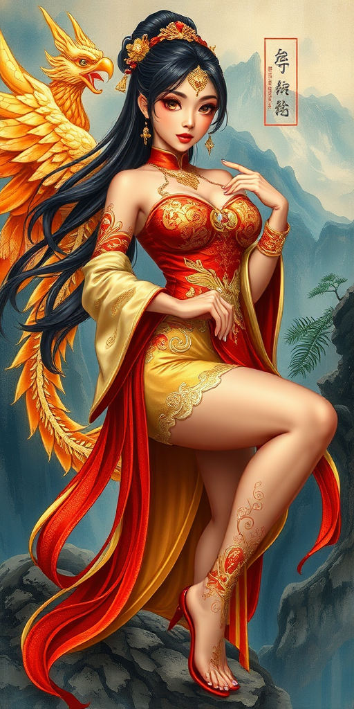 a semi anime chinese female, with gold Phoenix themed outfit, full body shot, in sexy pose, hand pose, legs pose, in simi realism painting art style, Dynamic semi impasto painting background, background in mountain,