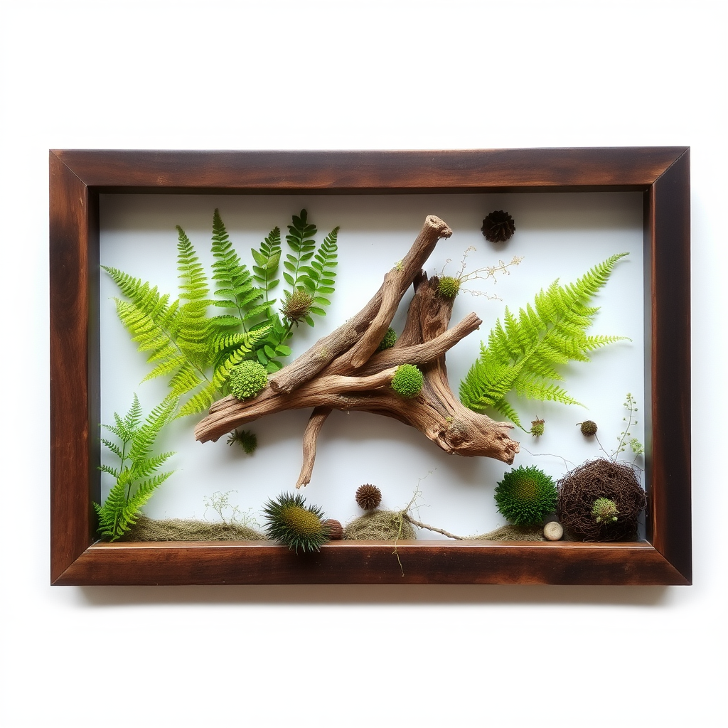 A frame contains various ferns and moss, with a piece of driftwood in the middle.