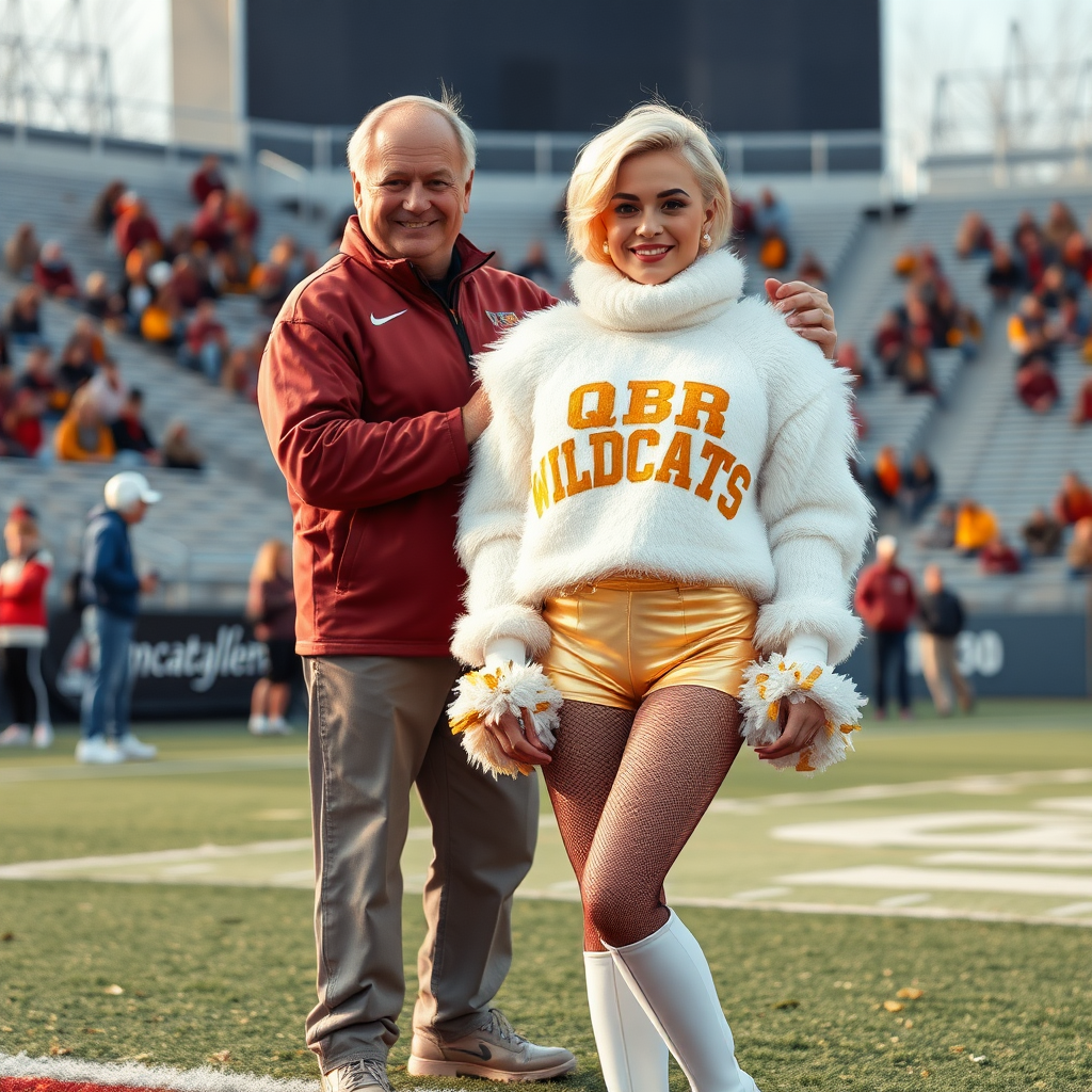 Sunny cold fall noon, college football stadium game, cheerleaders leader squat: Ana, European 17 years old very convincing femboy “QB’s trophy-bimbo”, tamed servile docile, very beautiful feminine flawless face, rather short boyish figure, platinum blond short tight curls, bold red lips, heavily made-up face, fluffy very fuzzy bright white plushy hazy thick angora turtleneck-sweater with “gold “WILDCATS” letters, vinyl gold short shorts, mesh pantyhose, white vinyl thigh-high boots with golden heels, large gold-white pompoms, pearl earrings, standing, shoulders slightly arched back to present her assets, posing for photo with Hank: older tall overweight male football coach, wearing college football coach outfit, triumphant smile, nimbly patting Ana.