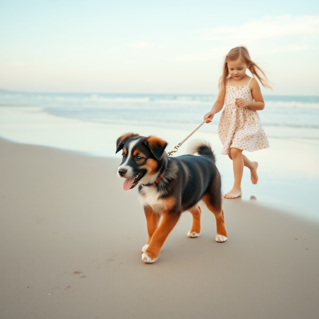 A puppy is strolling on the beach, accompanied by a young maiden playing with it.