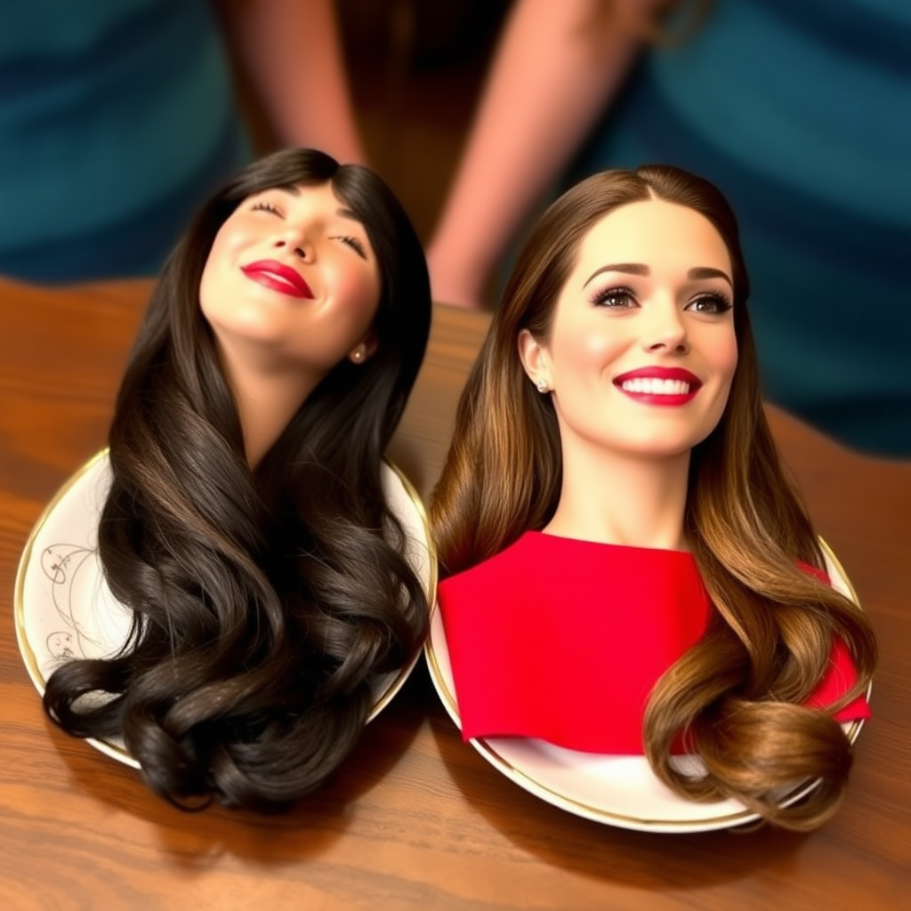 The disembodied heads of very long haired Meghan Markle and Kate Middleton served on plates.