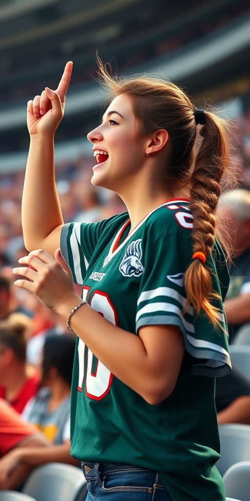 Attractive female NFL fangirl, pigtail hair, jersey, wildly cheering, in the bleacher crowd