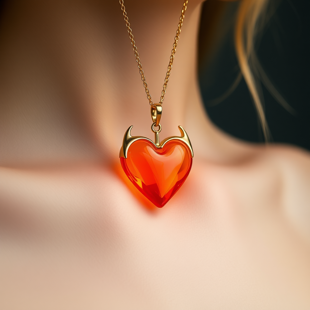 Minimal pendant fire resin pendant in heart style attached with golden chain on neck of a girl, in the style of fire heart, bent structure fairy tale, adafruit, tonalism, light gold, direct light, avant-garde style with diamonds to each horn