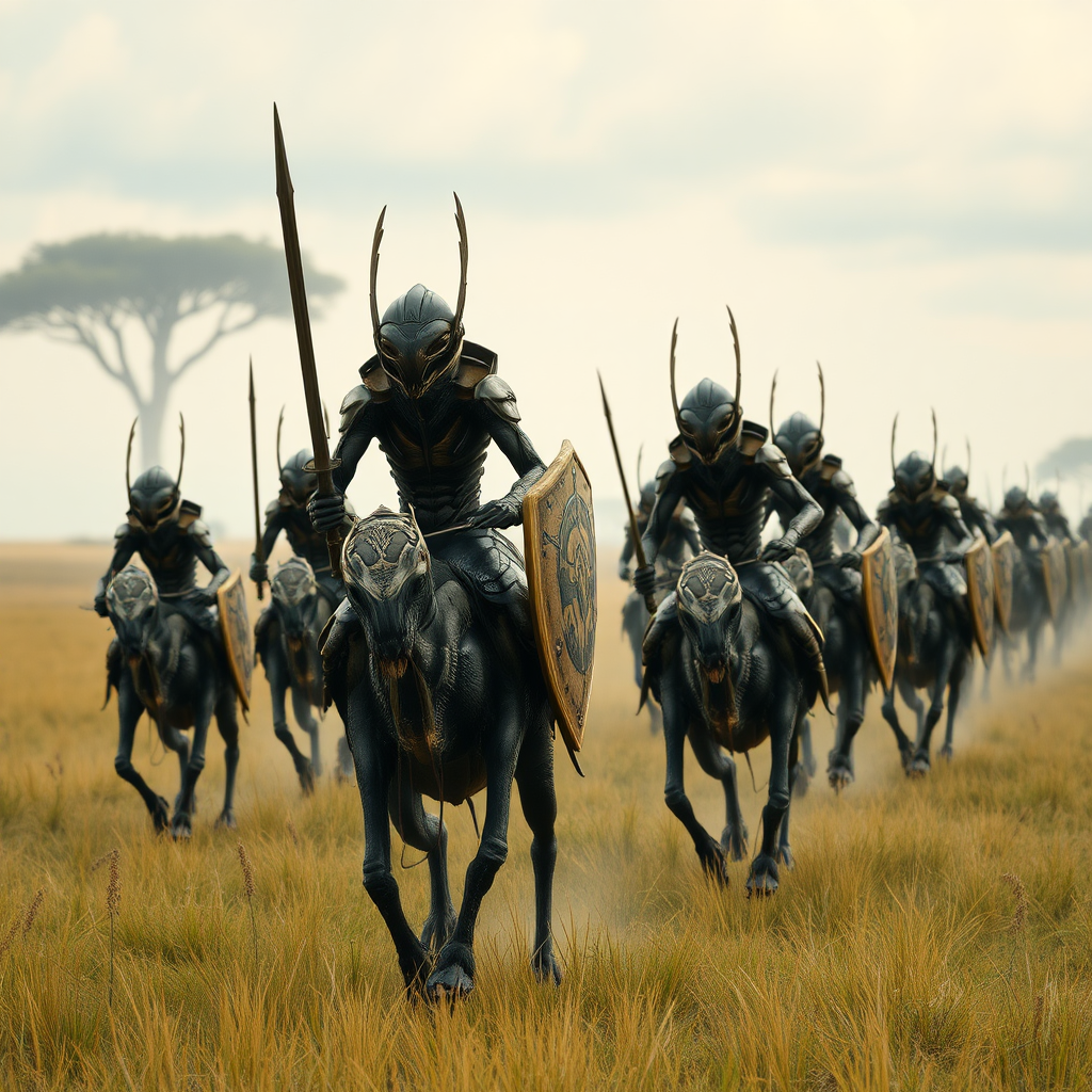 An army of bipedal insect aliens, marching across the savannah on alien mounts, armoured, helmets, sword and shield, realistic