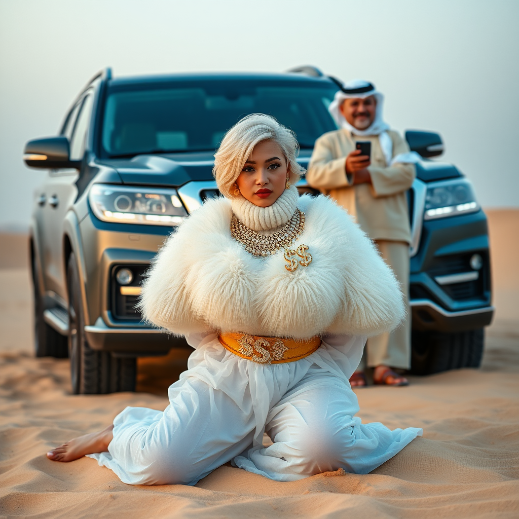 Kuwait desert dunes misty dawn, full size luxury SUV: Melissa, European 17 years old very convincing femboy “trophy-bimbo”, tamed servile docile, very beautiful feminine flawless face, rather short, by hormones very curvaceous womanly figured, platinum blond short tight curls, bold red lips, heavily made-up face, wearing Supertanya-style fluffy very fuzzy bright white angora turtleneck-poncho cropped ending under bust decorated with pearls and gemstones, striking oriental wide gold bridal protection belt, white fully transparent harem pants, full Oriental bridal jewelry with striking headpiece, full Oriental face-jewelry, striking diamond “$$$” letter brooch on left chest, pout frustrated, hands tied behind back, kneeling in sand in front of SUV, looking at camera. Focus on face and turtleneck-poncho. Standing behind leaning against SUV: older overweight mighty sheik laughing taking pictures with mobile phone.