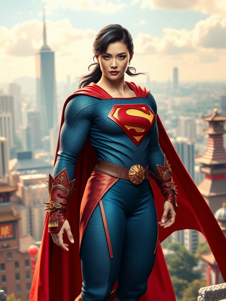 Generate a full-length image of Superman using Chun-Li's female figure for the body. Keep Superman's head, hairstyle, and facial features intact. Retain Superman's iconic costume, adding intricate embellishments from Chun-Li's traditional outfit such as her spiked bracelets, dragon patterns, and belt while altering the costume design to fit the new feminine proportions seamlessly. Create a vibrant background that merges the sleek, urban skyline of Metropolis with the traditional, scenic elements of a Chinese cityscape. Ensure the fusion of both character's themes is harmonious and visually compelling.