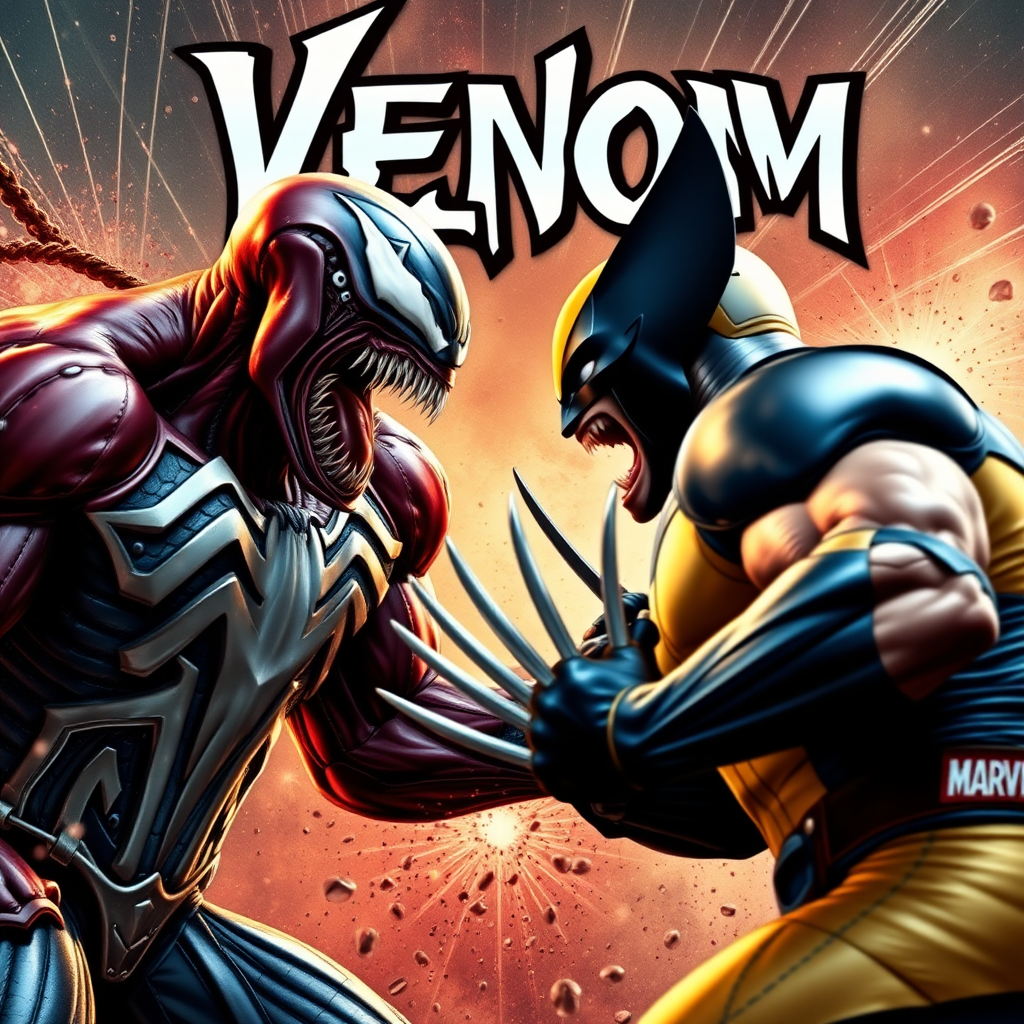 On a comic book cover is Venom Vs Wolverine in Cinematic Real3d photo-realistic quality.