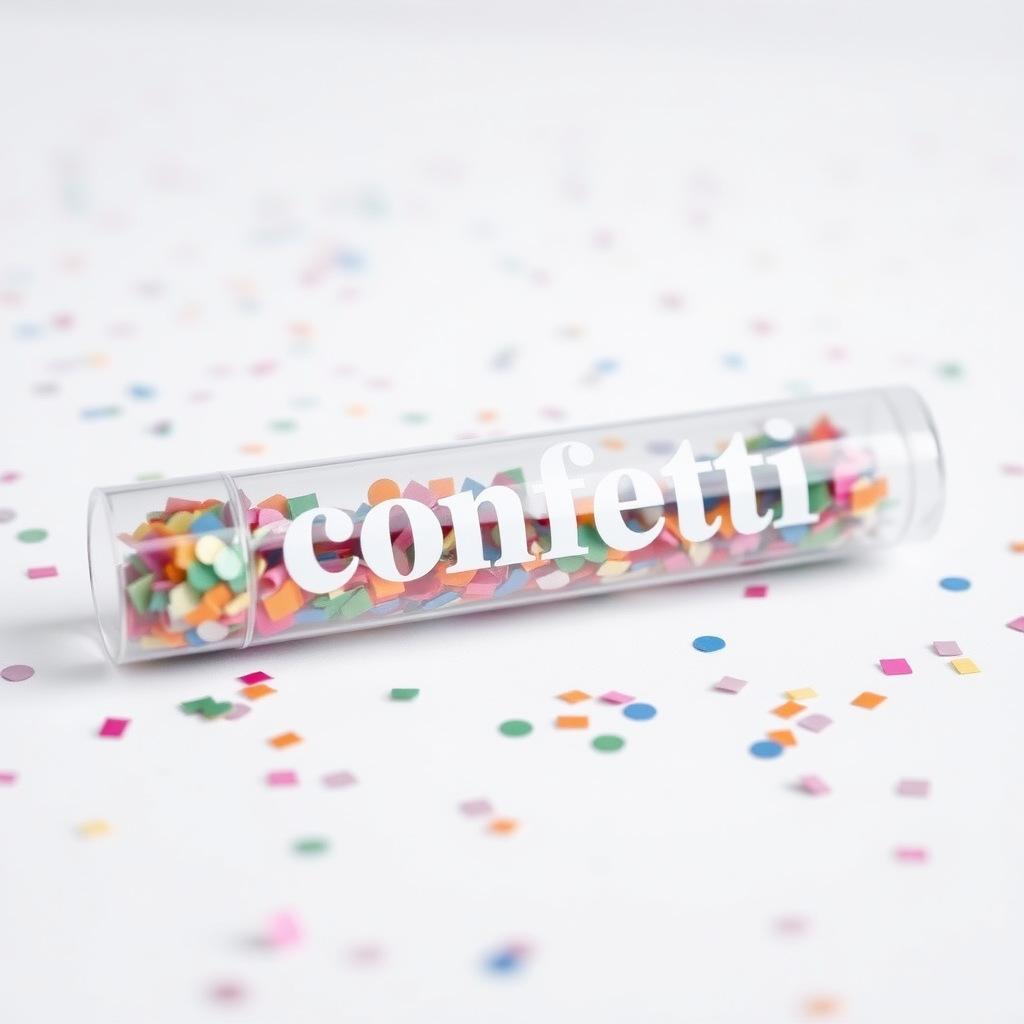 A photo of a glass fat transparent plain uniform confetti popper tube with confetti inside and with text "confetti" on it, lying flat at an angle, with confetti around it, white background, distant confetti blurred, white bold text with a black border, reflections on the tube glass, tube closed from both ends.