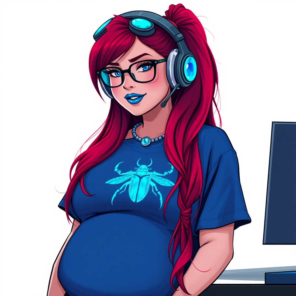 A cyberpunk vigilante’s full-figured intelligent and tech-savvy 28-year-old girlfriend, who is a computer hacker and tech genius. She has a long ruby red ponytail. She wears maximum blue lipstick, bright blue eyes, a sapphire beetle gemstone necklace, sapphire earrings, black eyeglasses, and an oversized maximum blue t-shirt featuring a blue sapphire gemstone crusted beetle chest icon. She has a full-figured physique with a prominent, massive, round belly, reflecting her well-cared-for lifestyle. She sports a sapphire headset with a hi-tech maximum turquoise lensed HUD, and a shy smile with a neon red blush. She serves as his tech expert from his hideout, diligently working at her lab table computer desk. The background is solid white. She is drawn as if she was in a retro 2D cyberpunk fighting game. Ensure her t-shirt covers her belly.