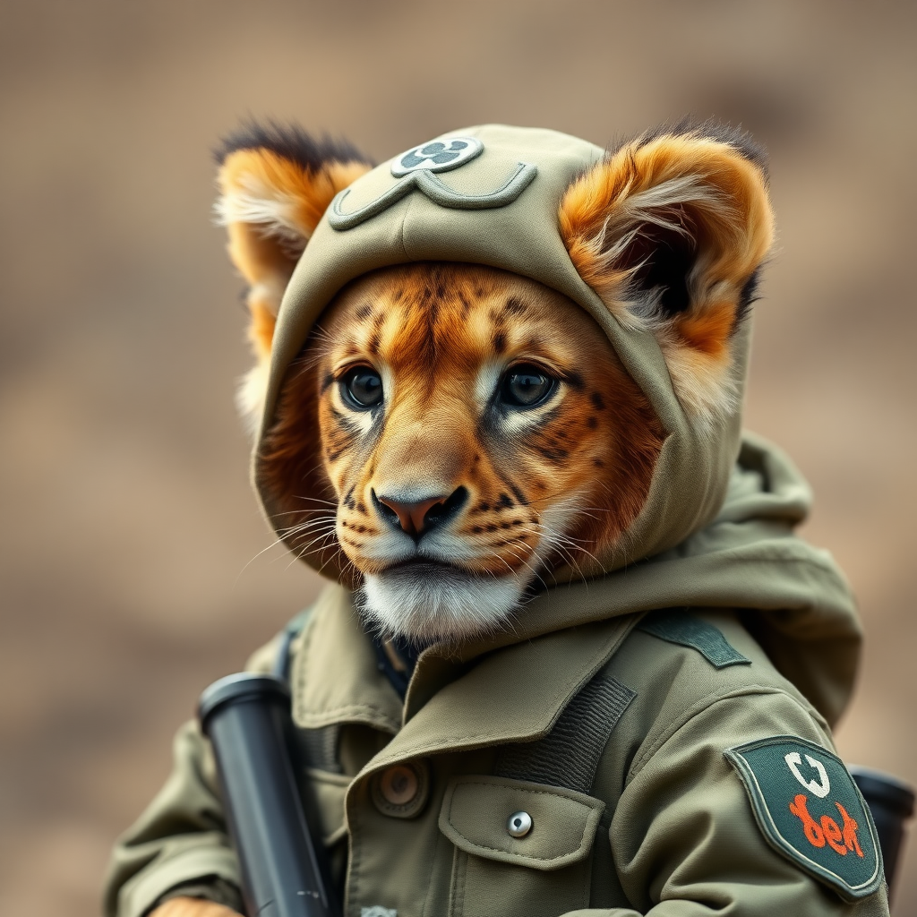 Lion cub dressed as a Korean soldier