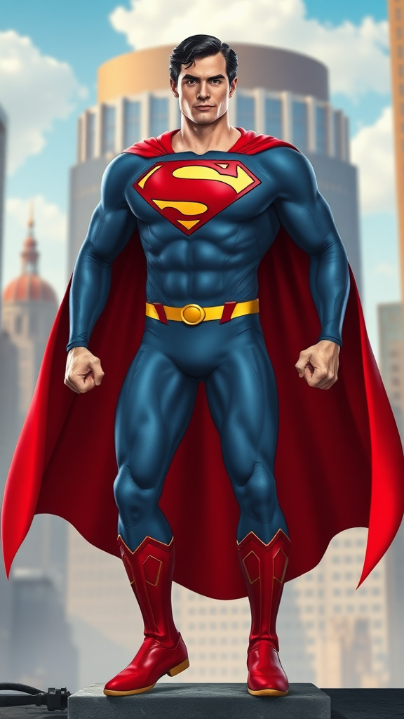 Create a full-length image of Superman using Elastigirl’s body structure. Retain Superman’s head, hairstyle, and facial features. Include his original costume, enhancing it with unique embellishments to match the new proportions. The background should draw inspiration from both Superman's iconic scenes and Elastigirl's vibrant settings, blending elements that reflect both characters’ worlds. Focus on vibrant colors and dynamic poses to emphasize the character's strength and flexibility. The overall composition should celebrate the essence of both heroes while showcasing this creative reinterpretation.