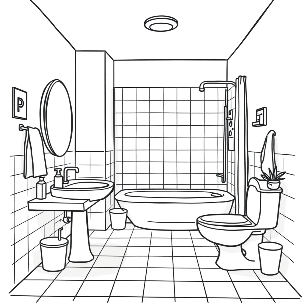 bathroom, long establishing shot, 2D, caricature, cartoon, Sketch lines, coloring book, coloring bathroom, well composed, clean coloring book page, No dither, no gradient, strong outline, No fill, No solids, vector illustration, realistic proportions,