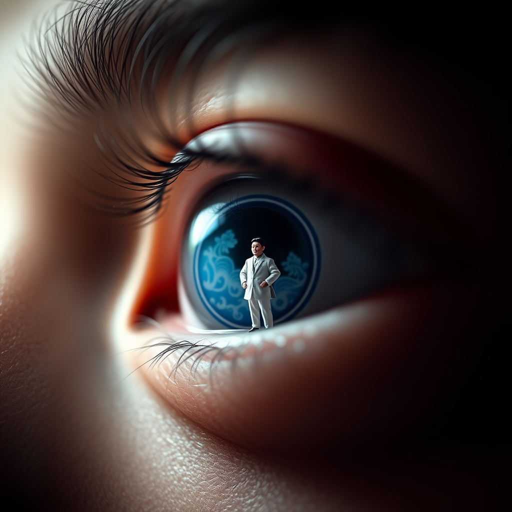 A close-up of eyes with lenses, the eye lens with traditional blue and white design Chinese blue white Design with a miniature man, trying to jump inside the lens looking like well. The composition emphasizes the eyes and its design, dark backdrop, with focused lights, looking up.