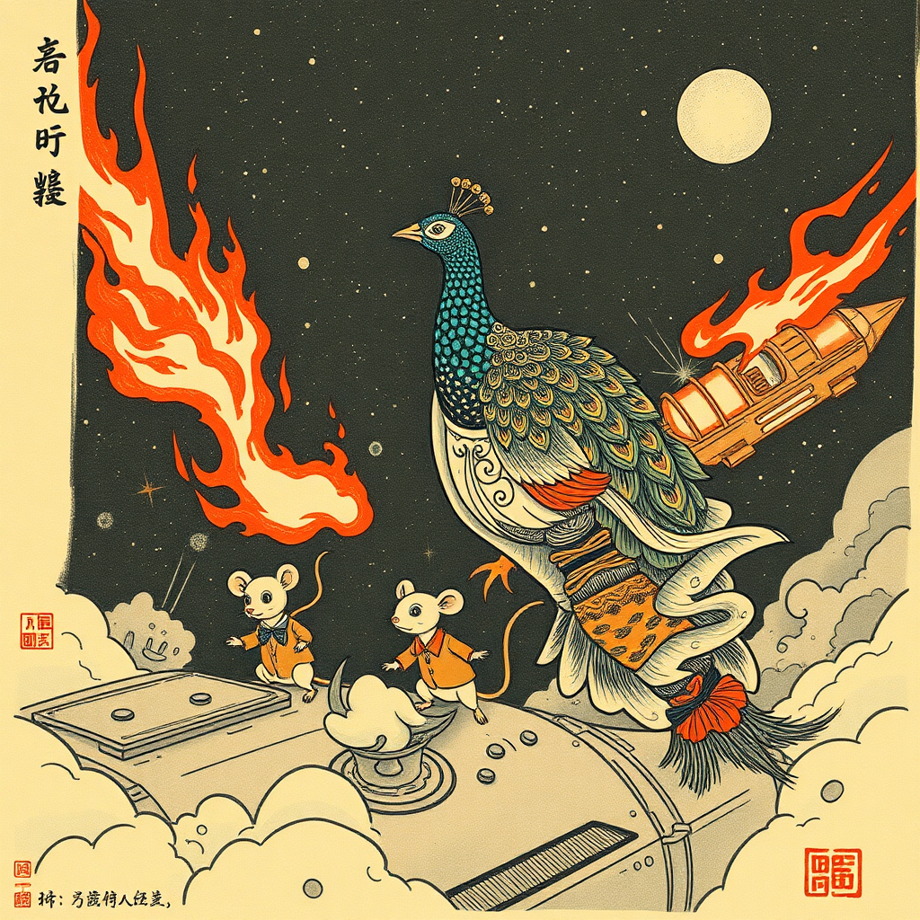 A tattooed peacock saving well-dressed rats from a burning spaceship, Chinese woodcut,