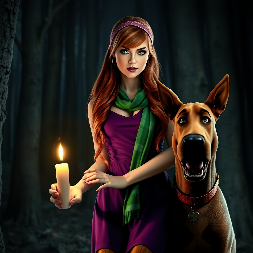 masterpiece, full body Daphne Blake, looks like Sarah Michelle Gellar, hyper realistic, realistic face, detailed face, wears headband and purple dress and green scarf, high boots, long red hair, is holding a lit up candle in the dark, next to a realistic dog that looks like Scooby Doo. She is in a very dark creepy forest. Marvelous, awesome, beautiful. Perfect hands, high detailed face, detailed skin, perfect eyes, eyeliner, large lashes, 60s look style, sexy, spicy look, scooby doo, front view, glitter