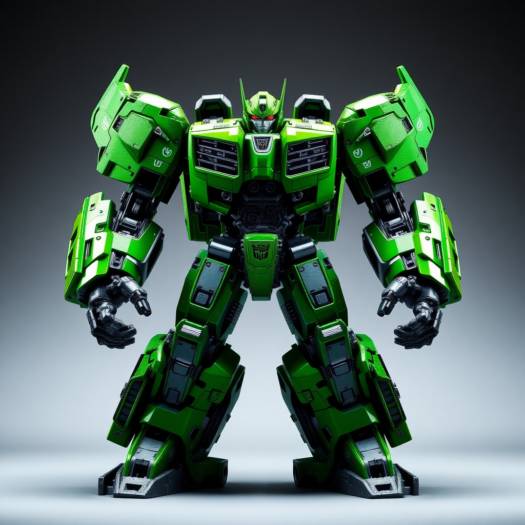 Transformer Devastator, green, stand, the metal texture is strong, realistic style, top light, looking up, full body