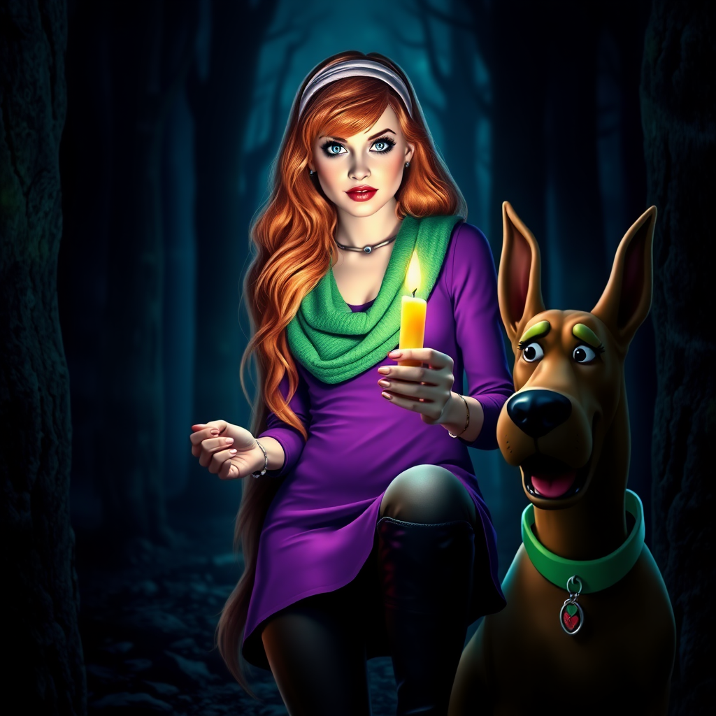 masterpiece, full body Daphne Blake, looks like Sarah Michelle Gellar, hyper realistic, realistic face, detailed face, wears headband and purple dress and green scarf, high boots, long red hair, is holding a lit up candle in the dark, next to a realistic dog that looks like Scooby Doo. She is in a very dark creepy forest. Marvelous, awesome, beautiful. Perfect hands, high detailed face, detailed skin, perfect eyes, eyeliner, large lashes, 60s look style, sexy, spicy look, scooby doo, front view, glitter