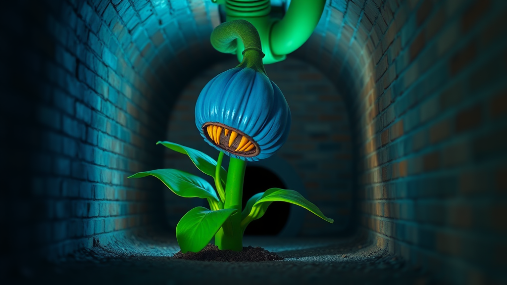 Interior. low depth of field. Underground scene with brick walls and floor. Blue tinted lighting. a large green drain pipe sticks out of the ground. growing out of the pipe opening, a monster with the head of a blue flower bulb, large mouth with pointy yellow teeth. Its body is a green flower stem with green leaves.